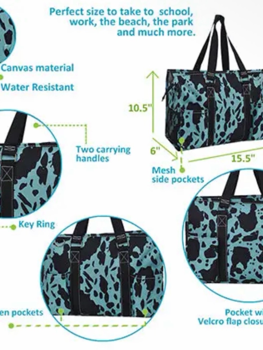 Turquoise Black Cowprint Cosmetic Bag Set - Matching Travel Organizer - Picture 4 of 10
